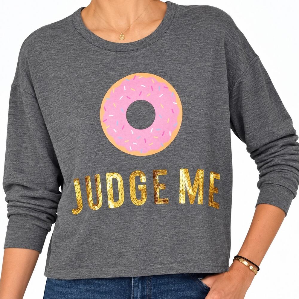Cold Crush Donut Judge Me Sequin Gray Cropped Sweatshirt XS NWT Athleisure Chic